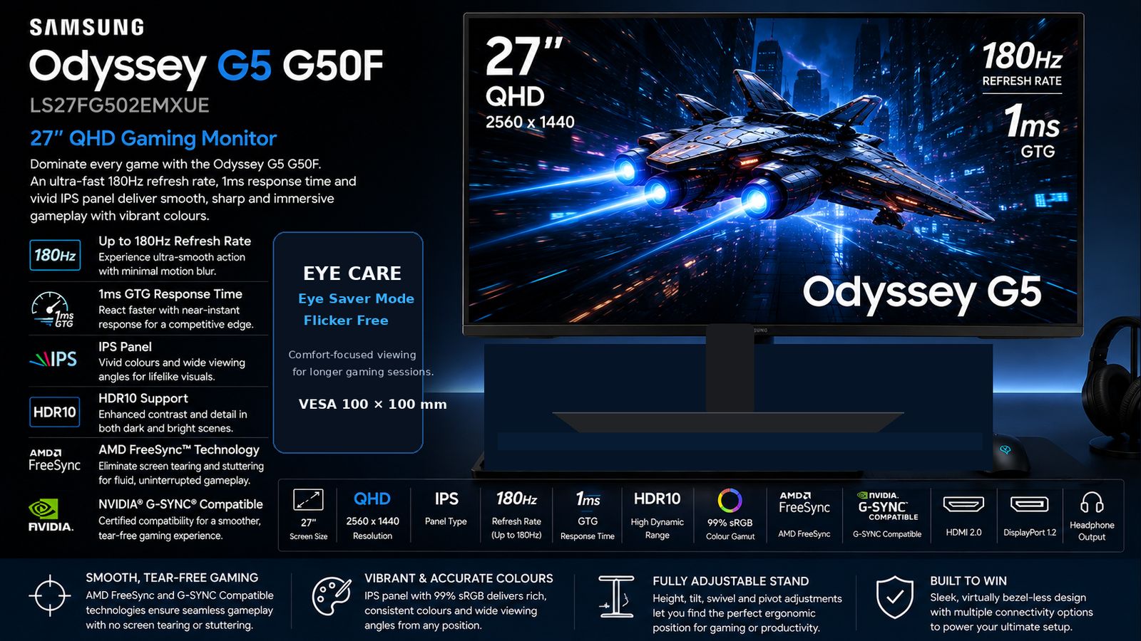 Samsung Odyssey G5 G50F LS27FG502EMXUE 27-inch QHD Fast IPS Gaming Monitor, 180Hz, 1ms GTG, HDR10, AMD FreeSync, G-SYNC Compatible, HDMI, DisplayPort, Black, 3-Year Warranty | LS27FG502EMXUE